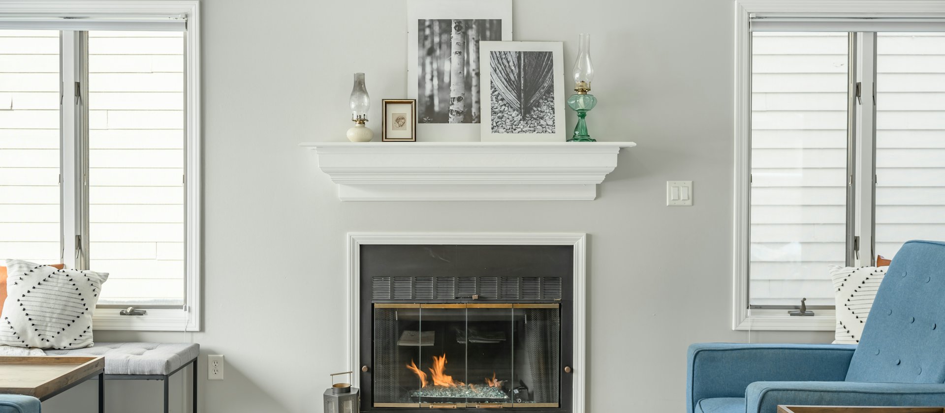 Stone fireplace in a cozy room